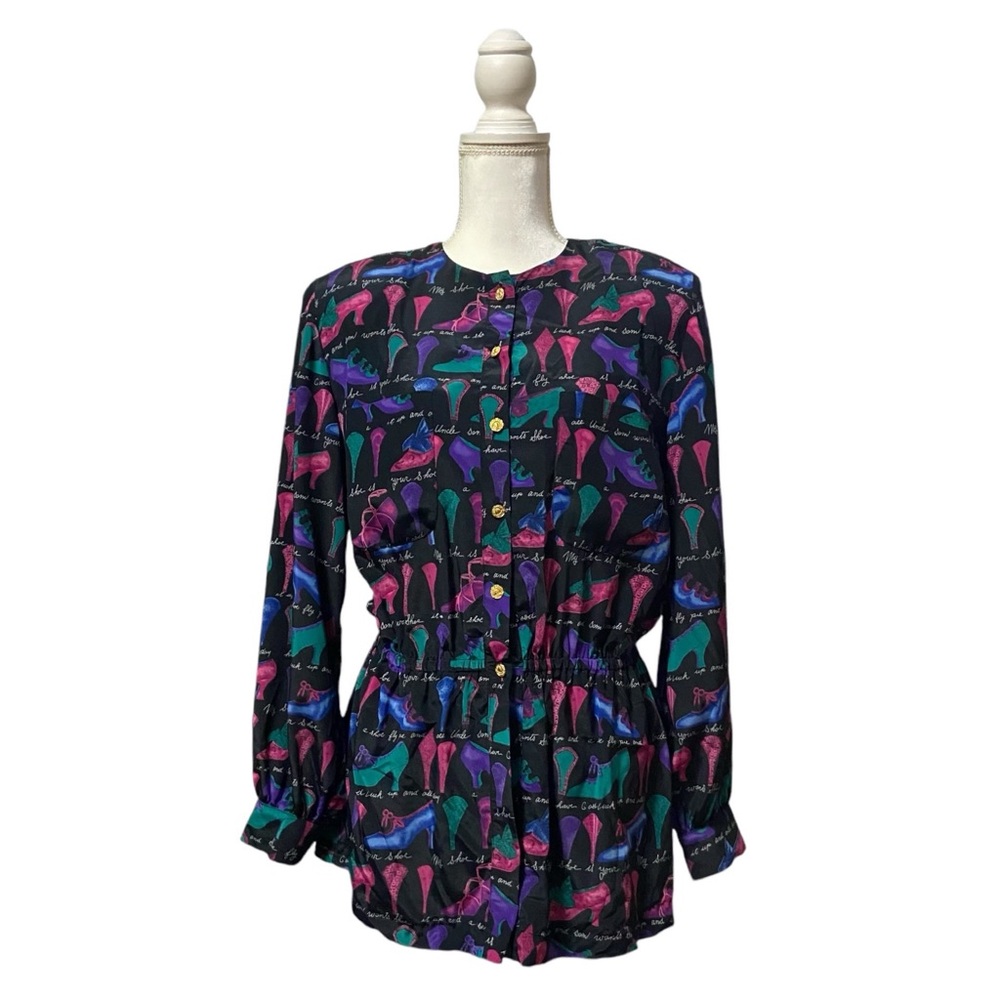 Doncaster Vintage Satin Blouse Shoe Print Top Womens 10 Made in USA Black